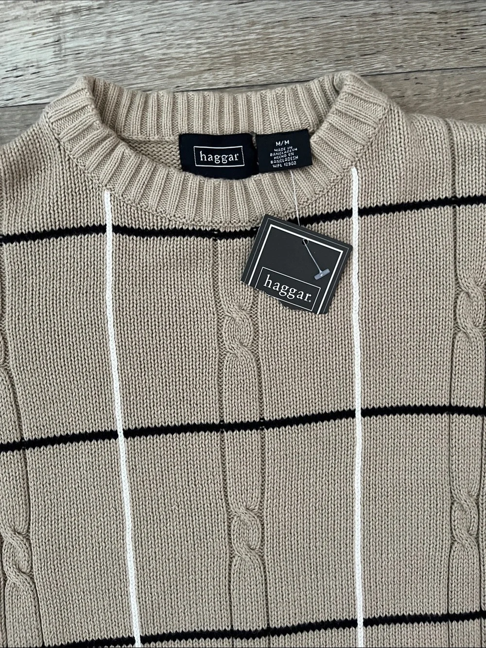 Vintage Haggar Beige Crewneck Cable-Knit Windowpane Sweater 100% Cotton Size M